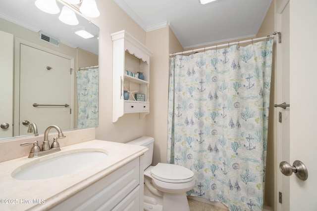 bathroom with toilet, vanity, ornamental molding, and a shower with curtain