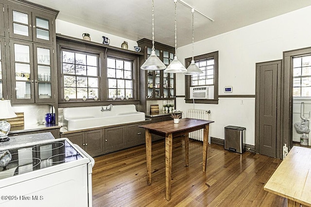 kitchen featuring radiator, cooling unit, sink, hanging light fixtures, and dark hardwood / wood-style floors