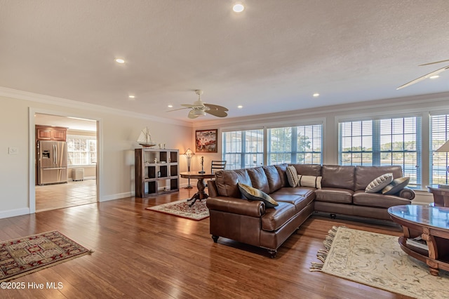 living room featuring hardwood / wood-style flooring, ceiling fan, ornamental molding, and a textured ceiling