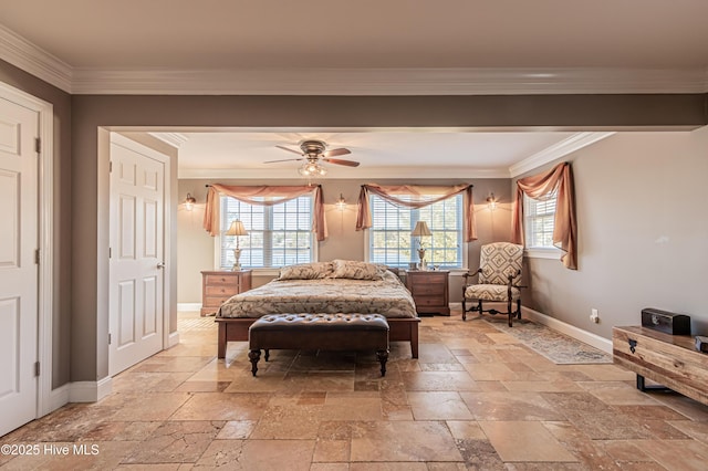 bedroom featuring ceiling fan and crown molding