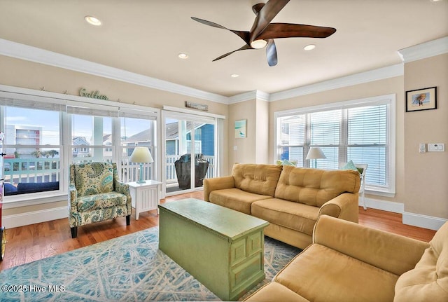 living room featuring ceiling fan, crown molding, and hardwood / wood-style flooring