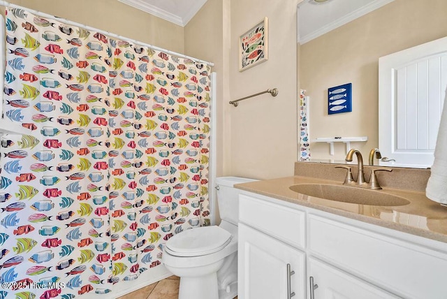 bathroom with tile patterned flooring, vanity, toilet, and crown molding