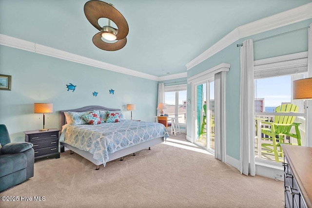 bedroom featuring access to outside, ceiling fan, crown molding, and light colored carpet