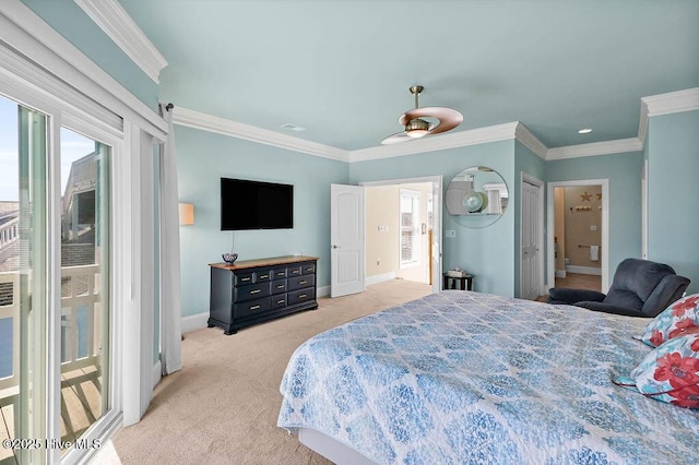 bedroom featuring multiple windows, light colored carpet, ceiling fan, and ornamental molding