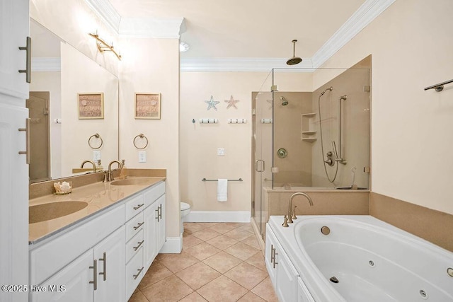 full bathroom featuring tile patterned flooring, independent shower and bath, and ornamental molding