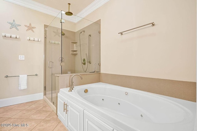 bathroom featuring shower with separate bathtub, tile patterned floors, and crown molding