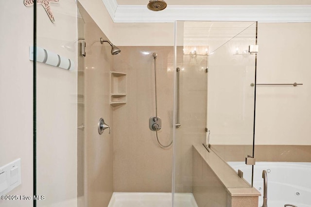 bathroom featuring separate shower and tub and ornamental molding