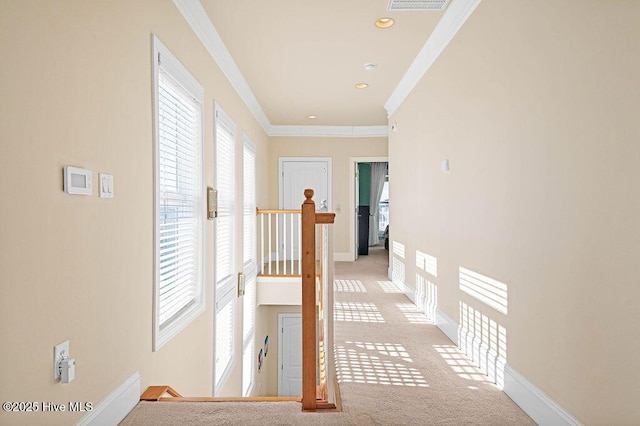 hallway featuring crown molding and light carpet