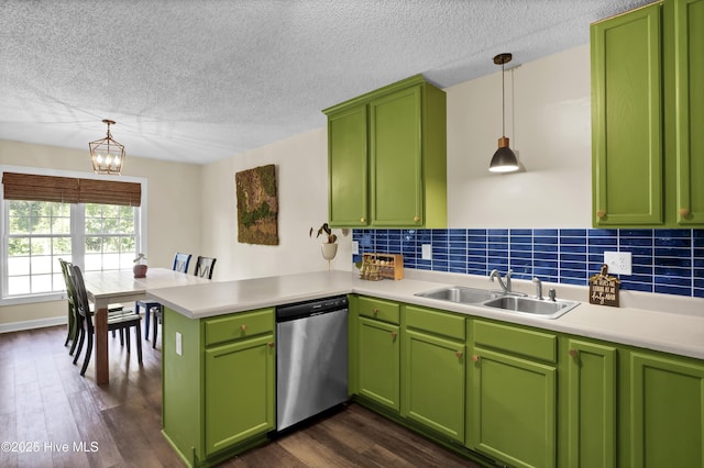 kitchen featuring pendant lighting, dishwasher, sink, tasteful backsplash, and kitchen peninsula