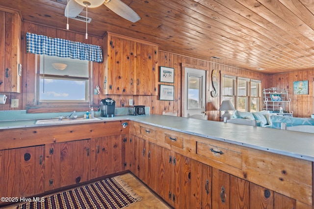 kitchen featuring a healthy amount of sunlight, sink, wooden walls, and wood ceiling