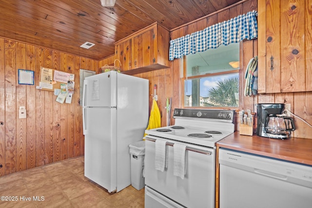 kitchen with wood walls, white appliances, and wood ceiling