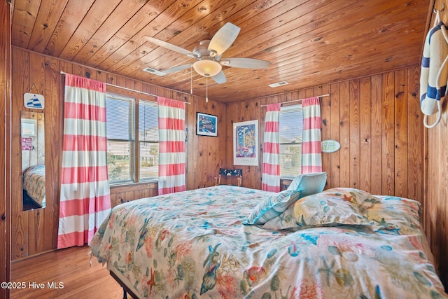 bedroom with ceiling fan, wooden ceiling, and wood walls