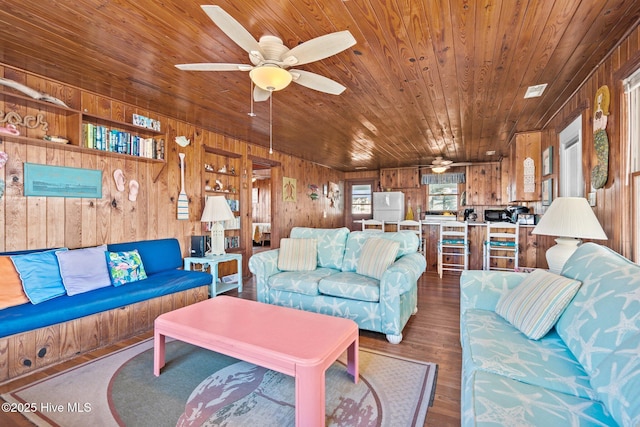 living room with hardwood / wood-style flooring, wood ceiling, and wood walls