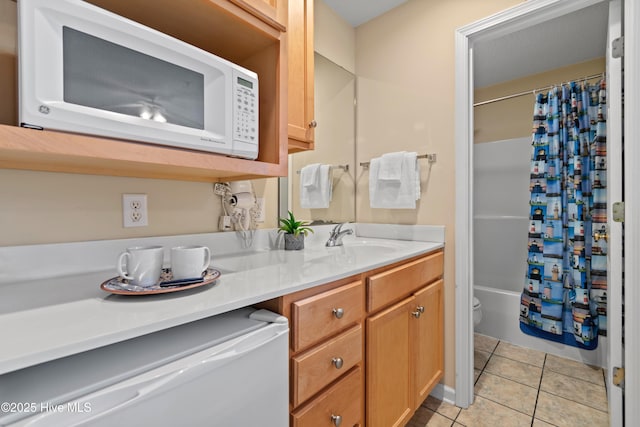 full bathroom with toilet, tile patterned flooring, shower / bath combination with curtain, and vanity