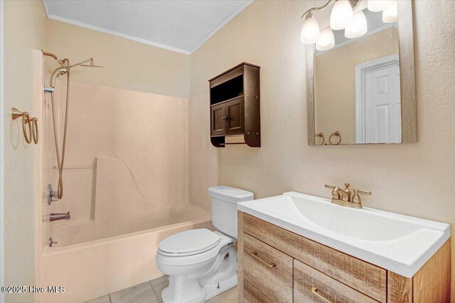 full bathroom with tile patterned flooring, a textured ceiling, toilet, vanity, and bathtub / shower combination