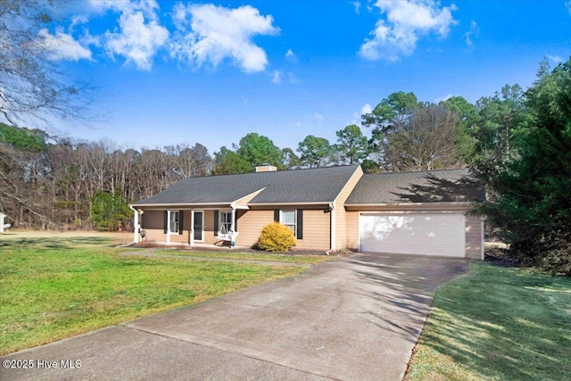 ranch-style home with a front lawn, a porch, and a garage