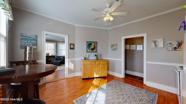 interior space featuring ceiling fan, light brown cabinets, ornamental molding, and light wood-type flooring