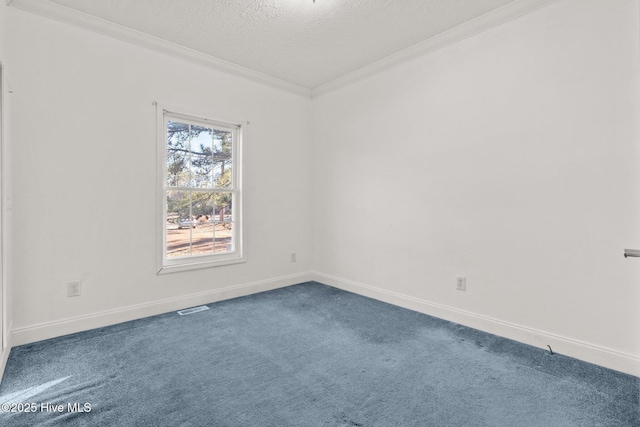 carpeted spare room with crown molding and a textured ceiling