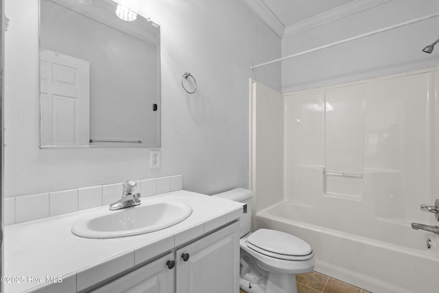 full bathroom with vanity,  shower combination, tile patterned floors, toilet, and ornamental molding