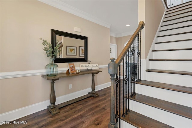 staircase with ornamental molding and wood-type flooring