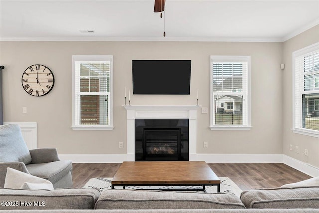 living room with ceiling fan, plenty of natural light, ornamental molding, and hardwood / wood-style flooring