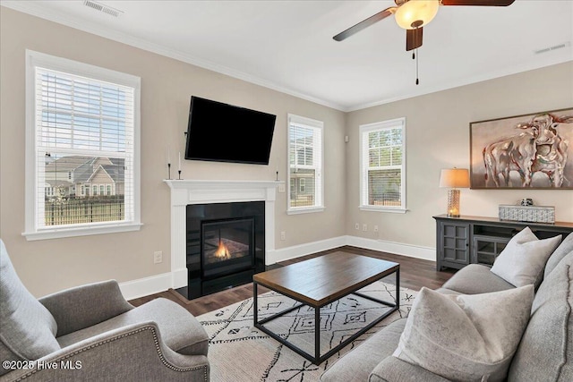 living room with ceiling fan, dark wood-type flooring, ornamental molding, and a healthy amount of sunlight