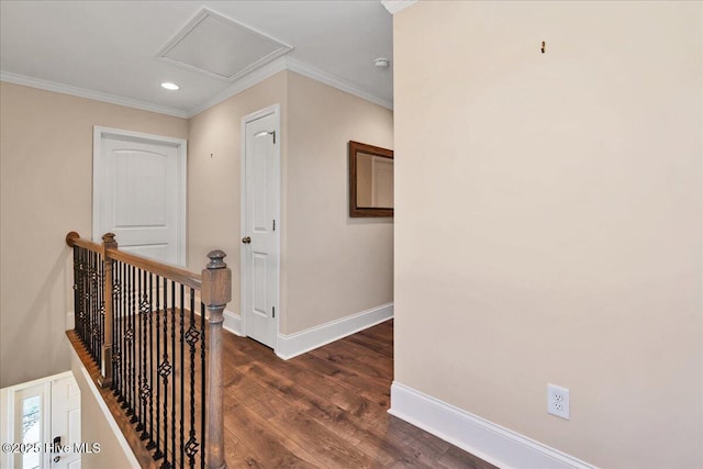 hallway with dark wood-type flooring and crown molding