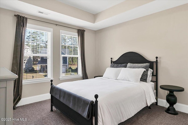 carpeted bedroom with a tray ceiling