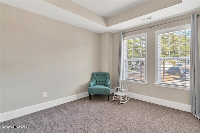 unfurnished room with carpet floors and a tray ceiling