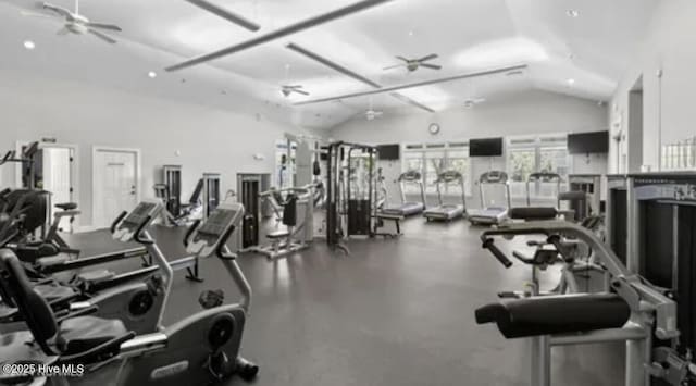 workout area with ceiling fan and vaulted ceiling