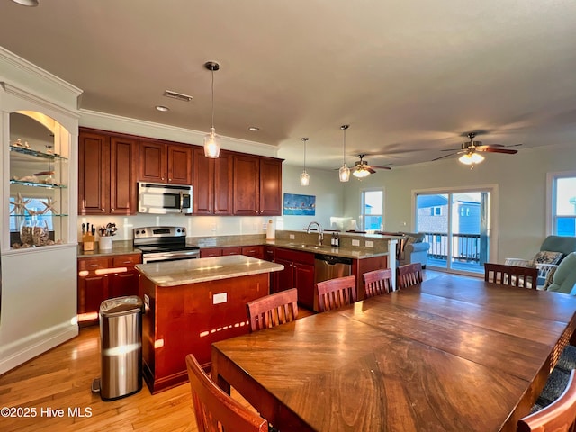 kitchen with sink, ceiling fan, kitchen peninsula, pendant lighting, and appliances with stainless steel finishes