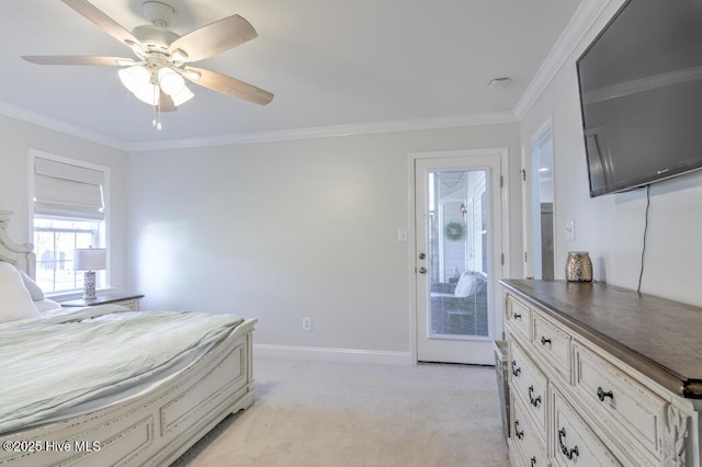 bedroom featuring ceiling fan, light carpet, and ornamental molding