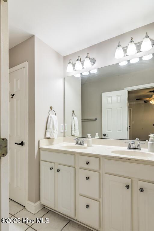 bathroom featuring vanity, tile patterned floors, and ceiling fan