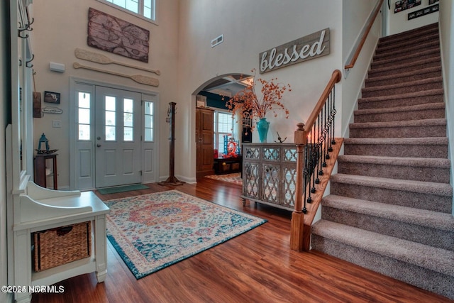 entryway featuring a high ceiling, a healthy amount of sunlight, and wood-type flooring