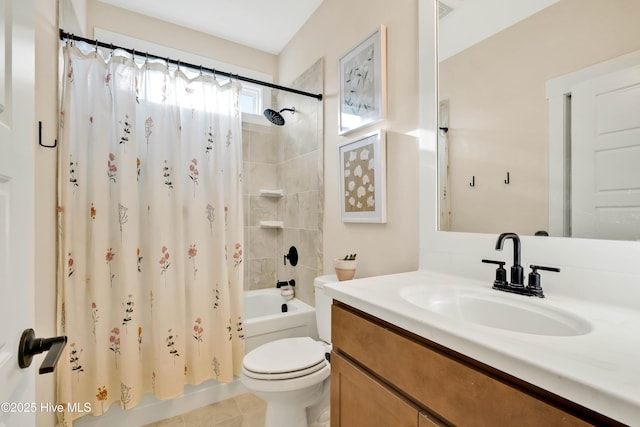 full bathroom with toilet, tile patterned flooring, vanity, and shower / bath combo