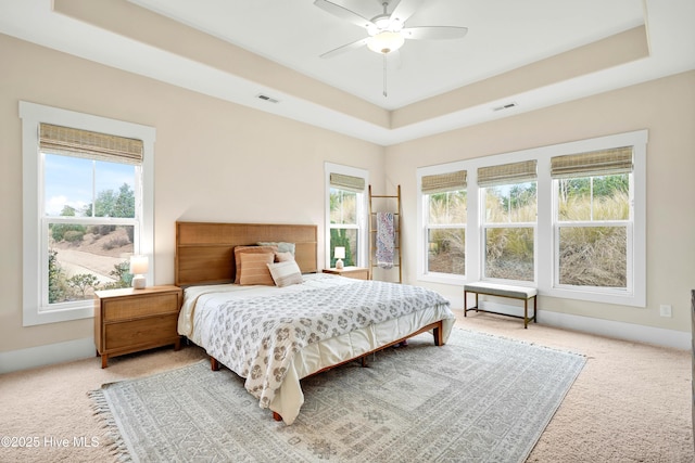 carpeted bedroom with a raised ceiling and ceiling fan