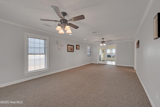 unfurnished living room with crown molding, carpet, a textured ceiling, and ceiling fan