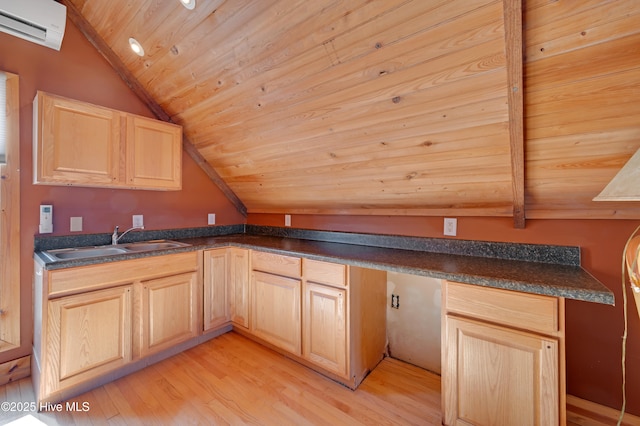 kitchen with wood ceiling, sink, light hardwood / wood-style flooring, an AC wall unit, and vaulted ceiling with beams