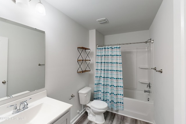 full bathroom featuring shower / bath combination with curtain, vanity, toilet, and wood-type flooring