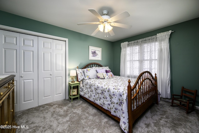 bedroom with carpet, a closet, and ceiling fan