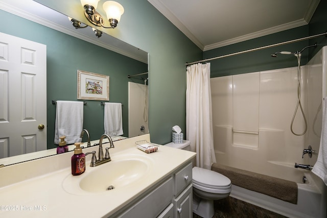 bathroom featuring vanity, an inviting chandelier, toilet, and ornamental molding