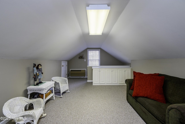 interior space featuring lofted ceiling, light carpet, and a wall mounted AC