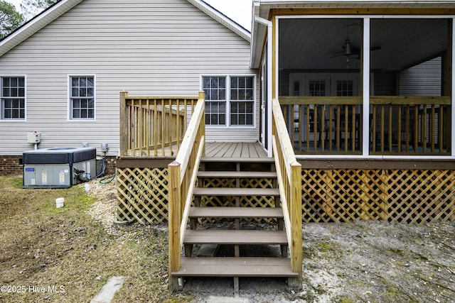 back of property featuring central AC, ceiling fan, and a wooden deck