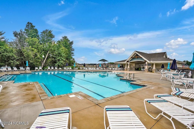 view of swimming pool with a patio