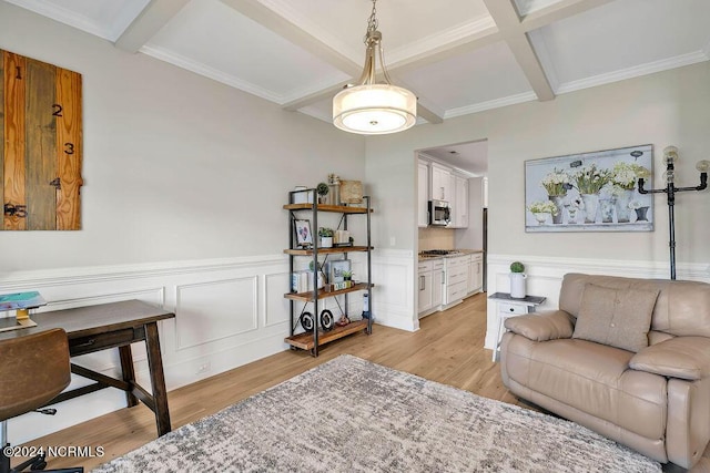 living room with light hardwood / wood-style flooring, beamed ceiling, coffered ceiling, and ornamental molding