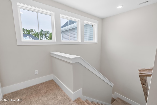 staircase featuring carpet flooring and plenty of natural light