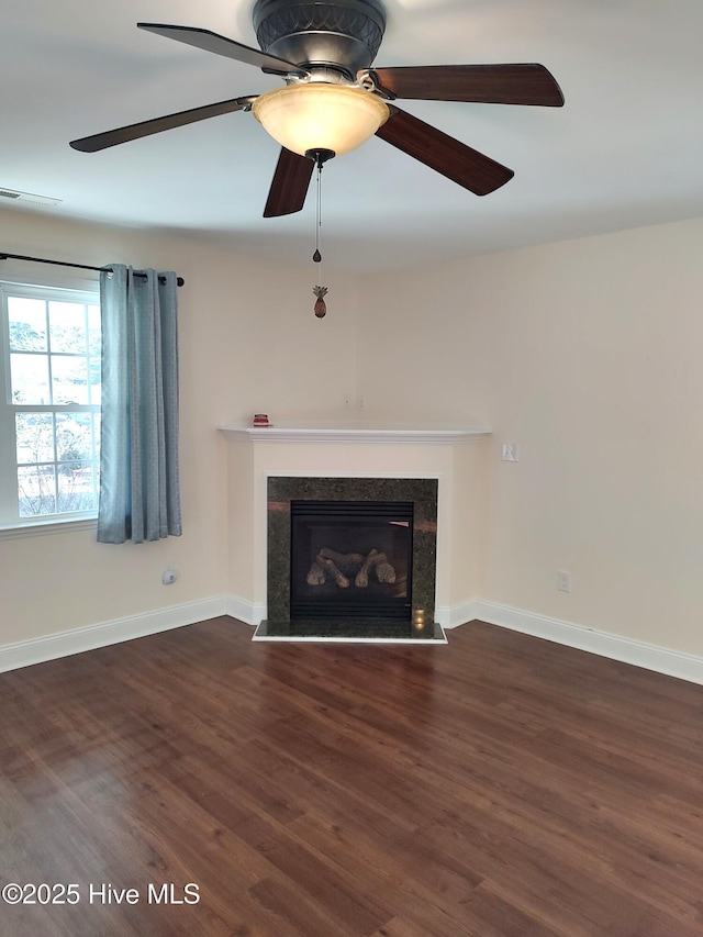 unfurnished living room with a fireplace and dark hardwood / wood-style flooring