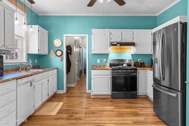 kitchen featuring appliances with stainless steel finishes, decorative light fixtures, light hardwood / wood-style floors, and white cabinets