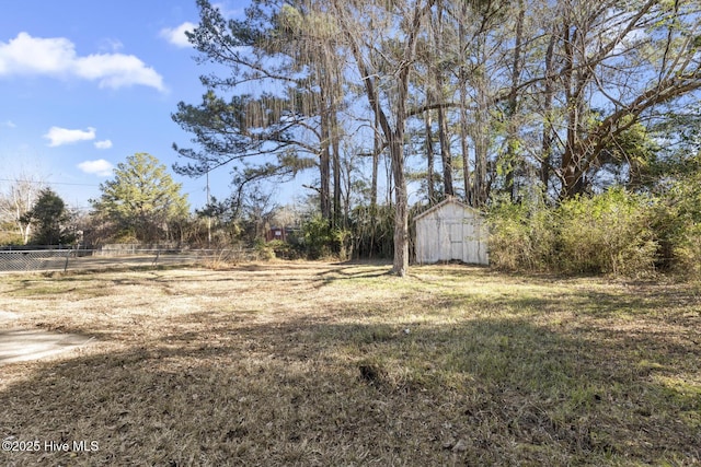 view of yard featuring a storage shed