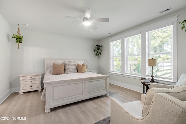 bedroom featuring ceiling fan and light hardwood / wood-style floors